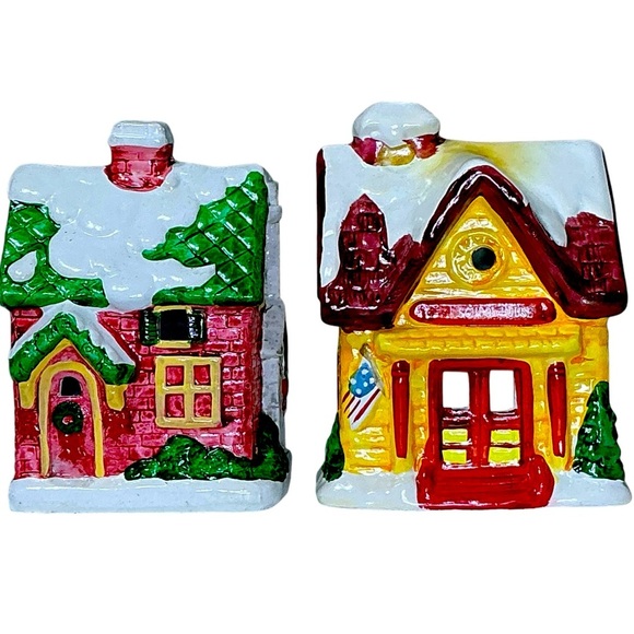 Christmas Village Vintage Candle Burner Holders Schoolhouse Home Set of 2 - Picture 1 of 16